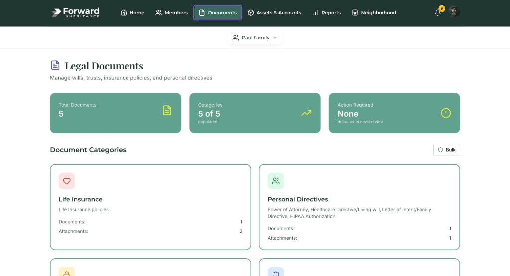 Legal documents hub with categories for wills, trusts, and insurance in Family Asset Manager
