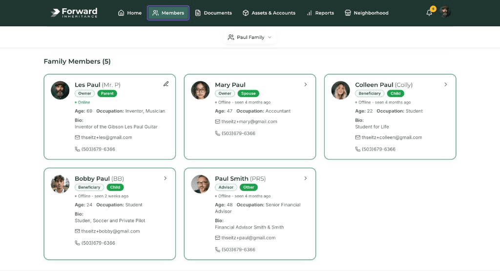 Family members directory with roles and contact details in Family Asset Manager